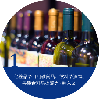 1.化粧品や日用雑貨品、飲料や酒類、各種食料品の販売・輸出入業